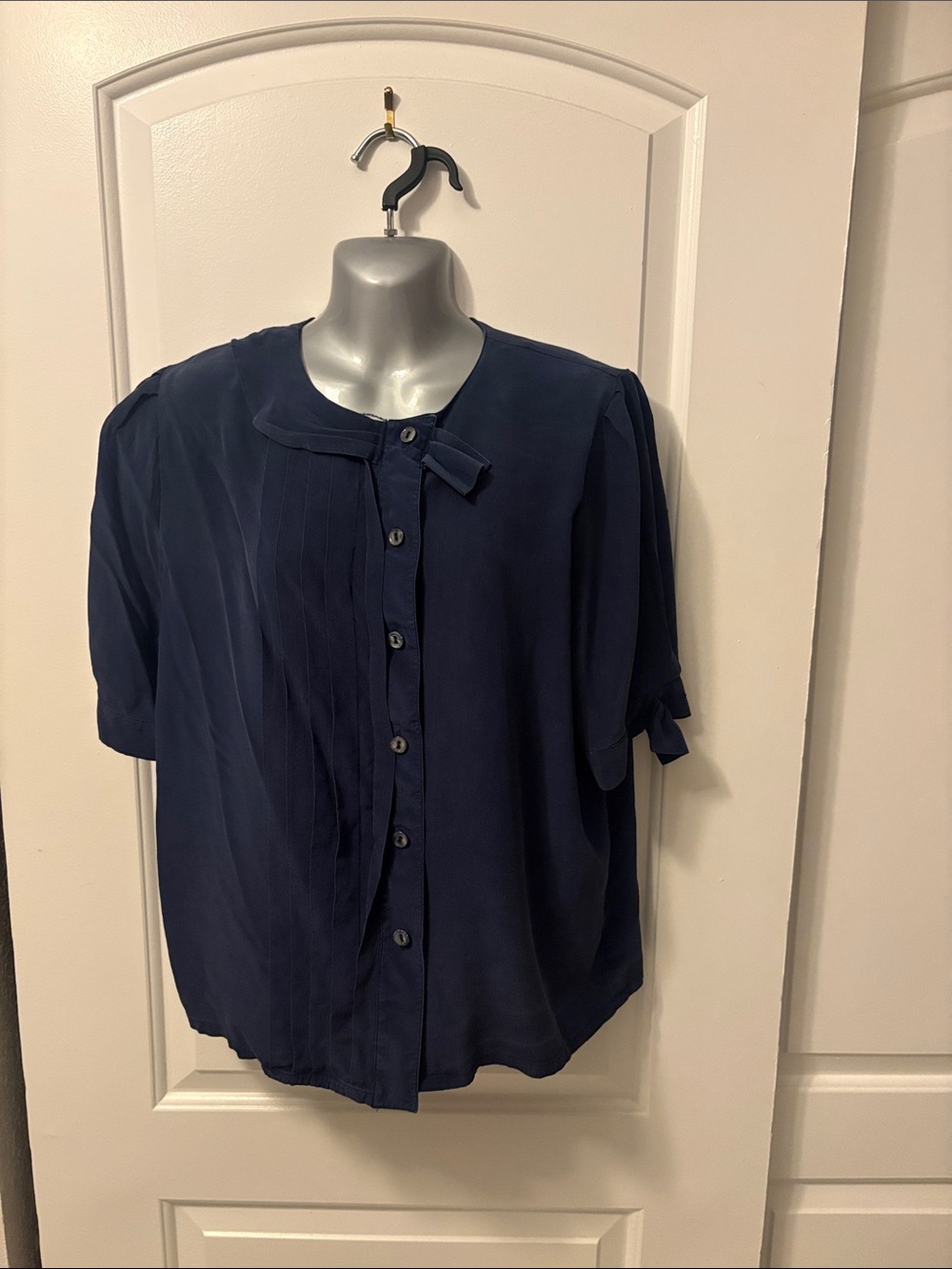 Women's Navy Short-Sleeve Button-Front Blouse with Neck Tie